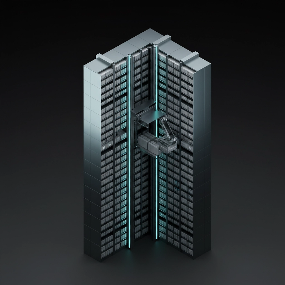 Futuristic robotic arm in a high-tech storage facility with gray shelves and blue light accents, set against a dark background.