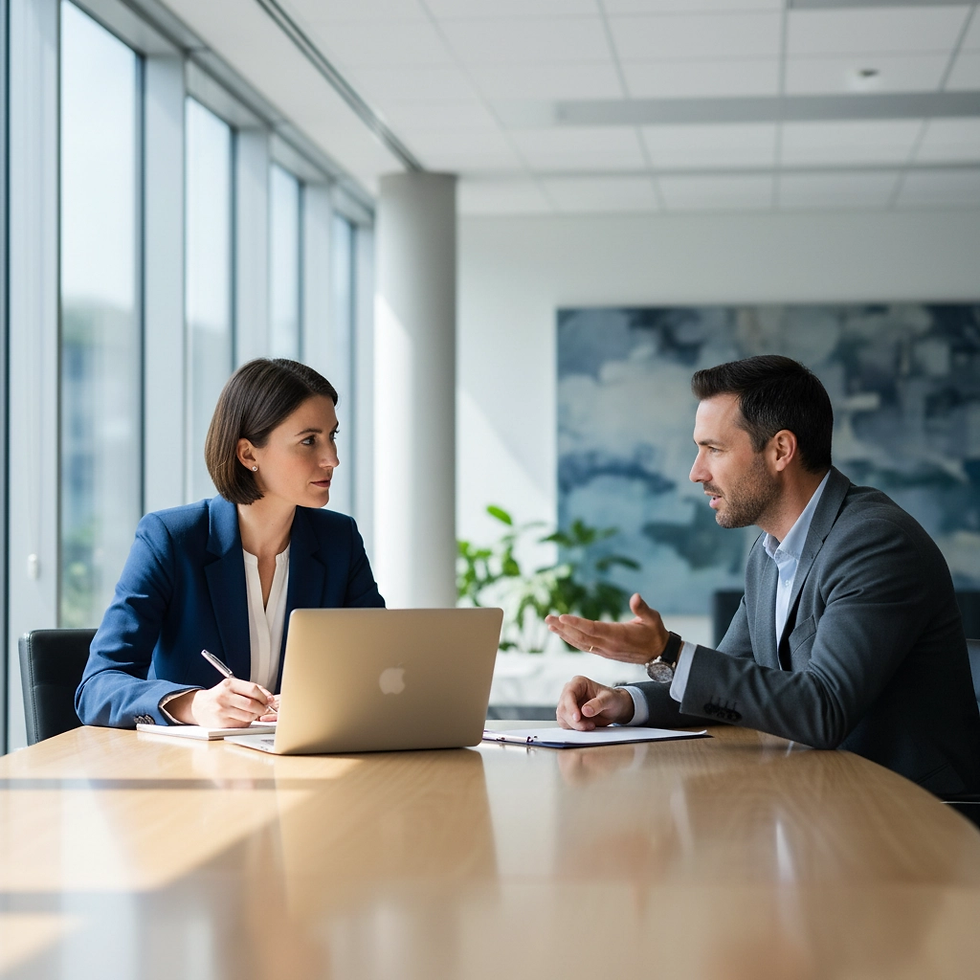 Two people in business attire are engaged in discussion at a conference table with a laptop. Sunlit office with large windows and abstract art.
