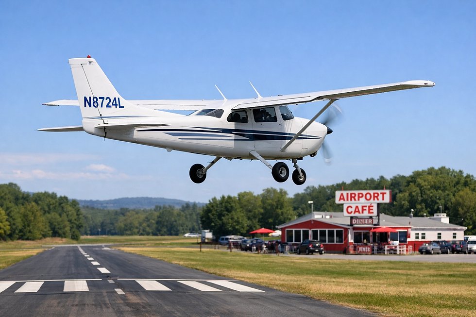 Small plane with "N8724L" on tail taking off from runway near green fields. Red "Airport Café" building in background under clear blue sky.