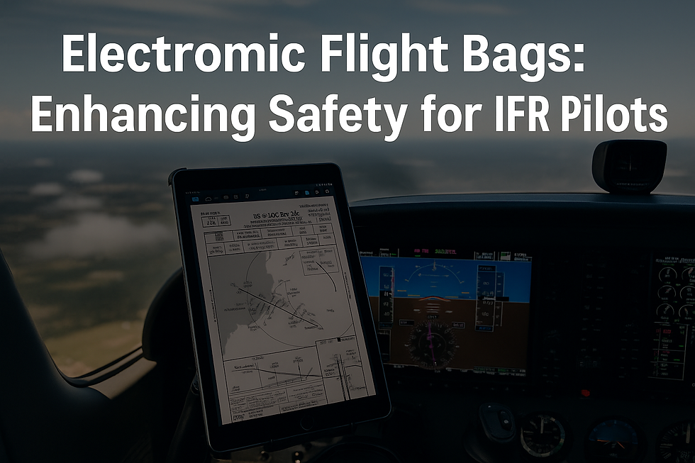 Tablet displaying flight chart in a cockpit. Text: "Electronic Flight Bags: Enhancing Safety for IFR Pilots" against a sky background.