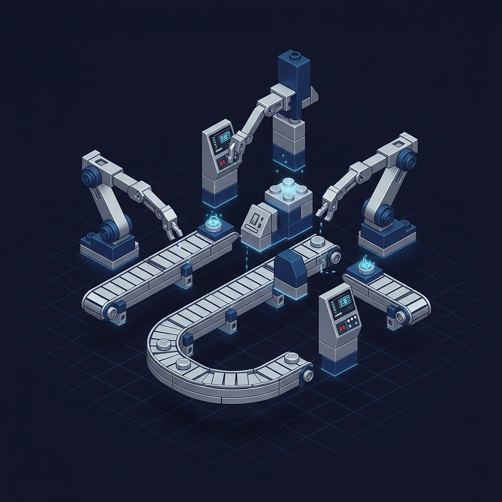Futuristic assembly line with robotic arms on a dark grid background, featuring blue accents and digital screens, creating a tech vibe.