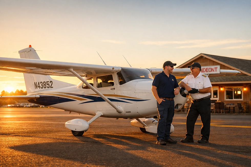 Two men talking beside a small airplane at sunset. Building in background. Plane marked "N43852." Warm lighting creates a relaxed mood.