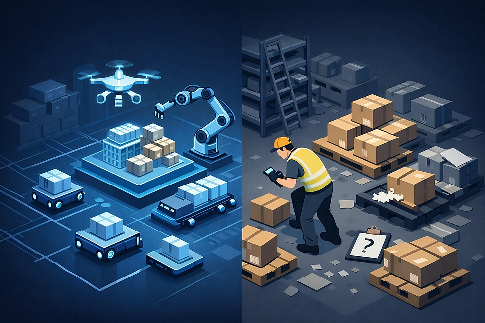 A tech-driven warehouse with drones, robots, and automated vehicles on the left; a worker with a tablet among boxes and a clipboard on the right.