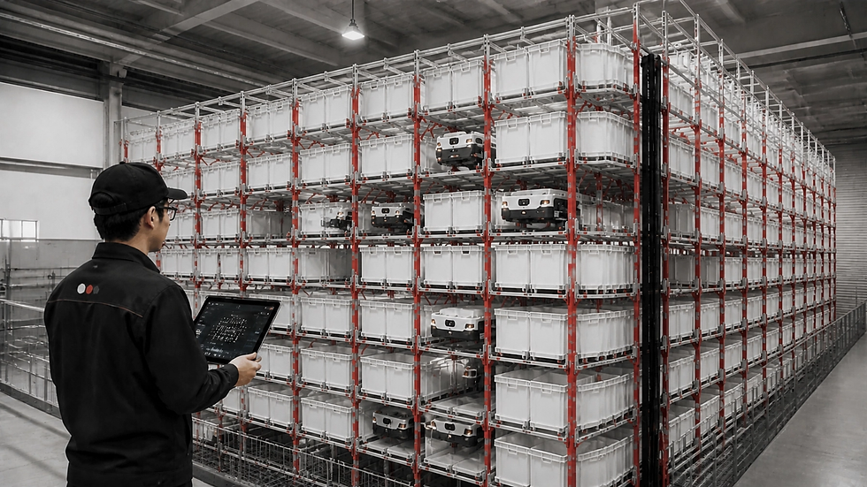 Man in black with tablet watching a tall automated warehouse rack of white bins and robots under industrial lights.