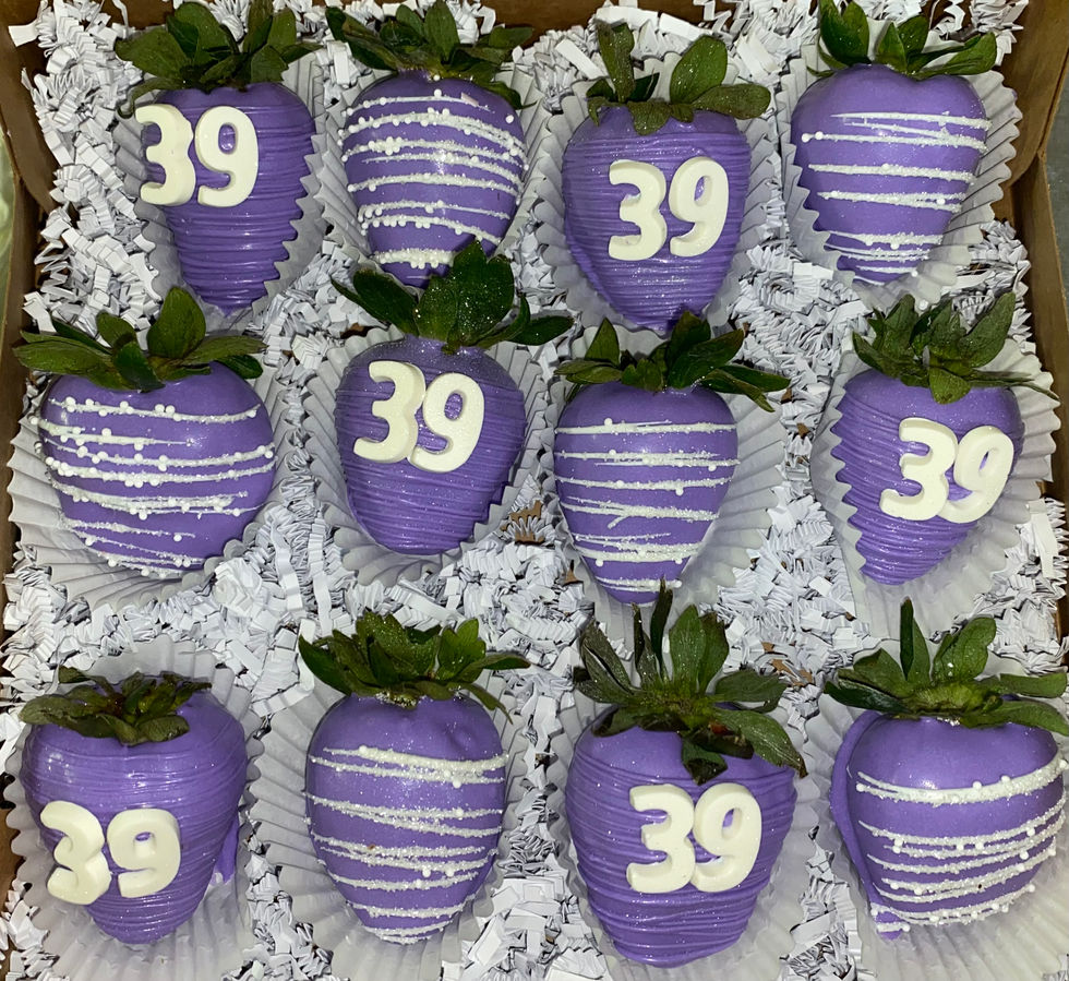 purple chocolate covered strawberries with the number 39 on them