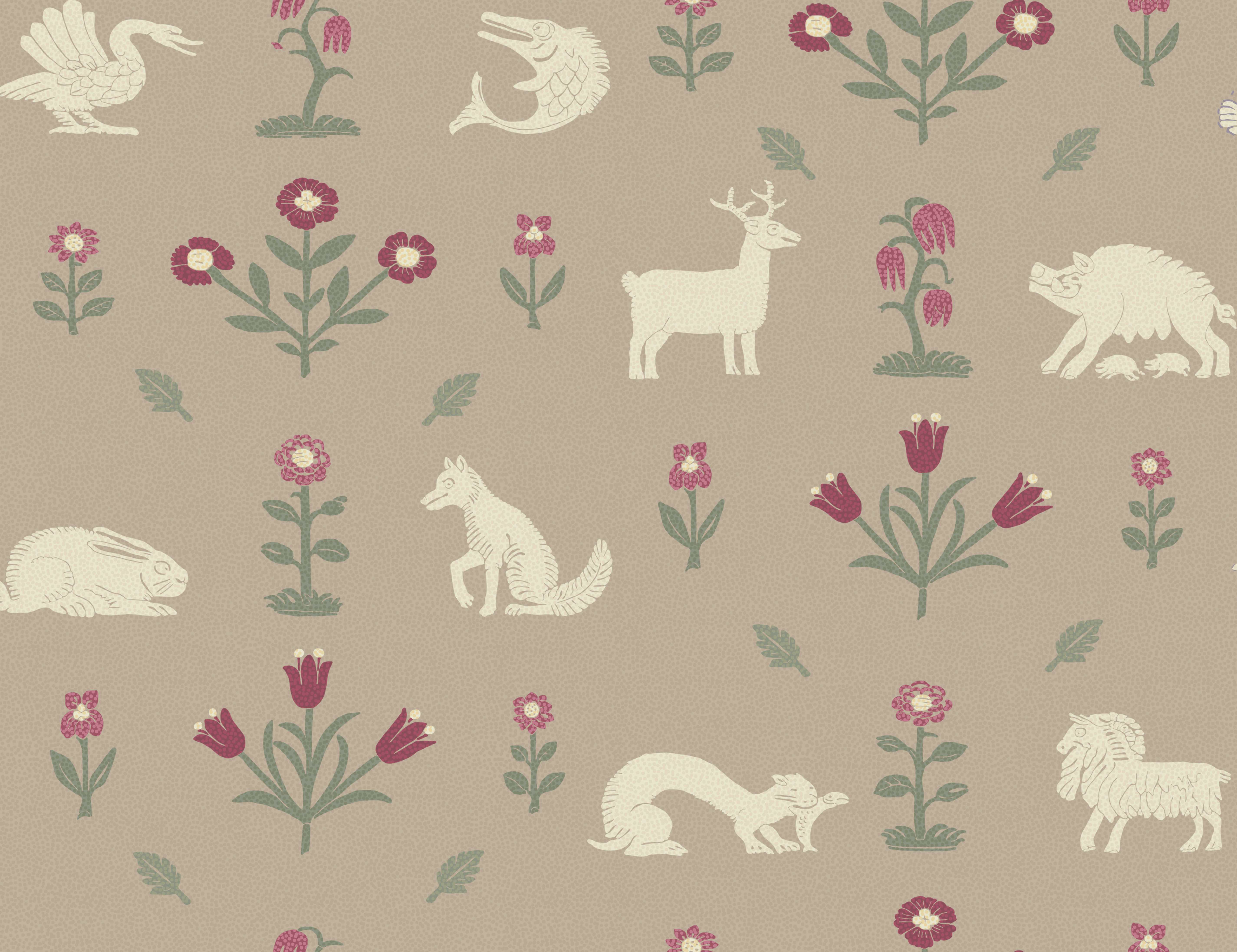 Beige wallpaper of flowers and small animals