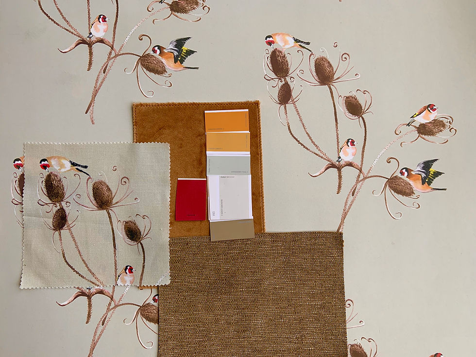 Thumbnail: Room scheme with Goldfinch wallpaper in warm beiges