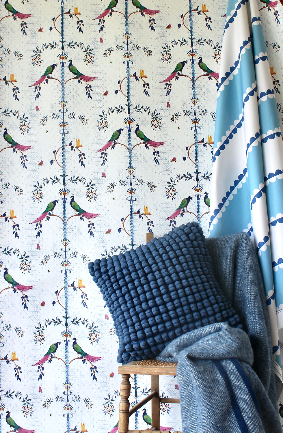 Thumbnail: floral wallpaper with birds and striped curtain fabric