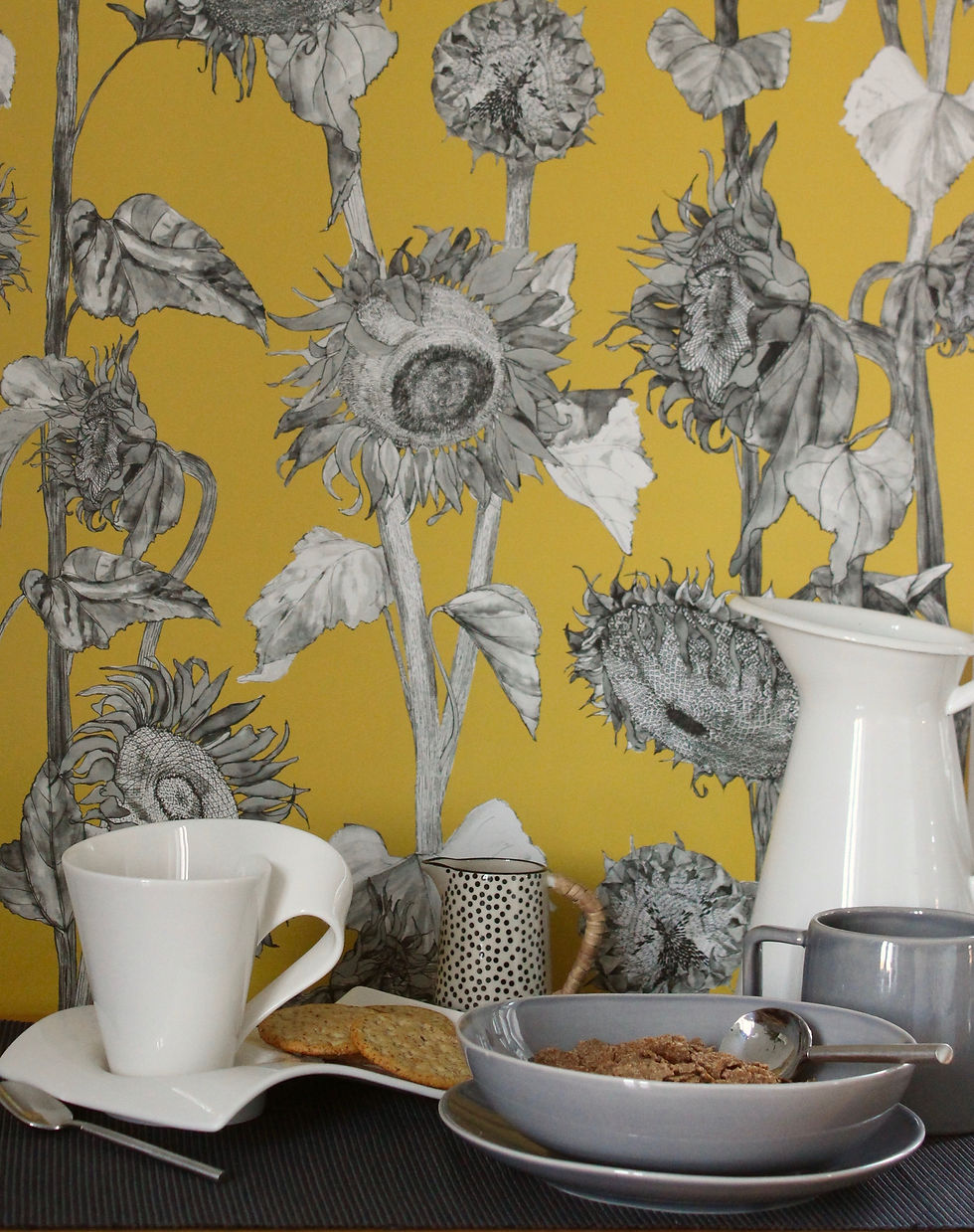 yellow and cream sunflower wallpaper in dining room
