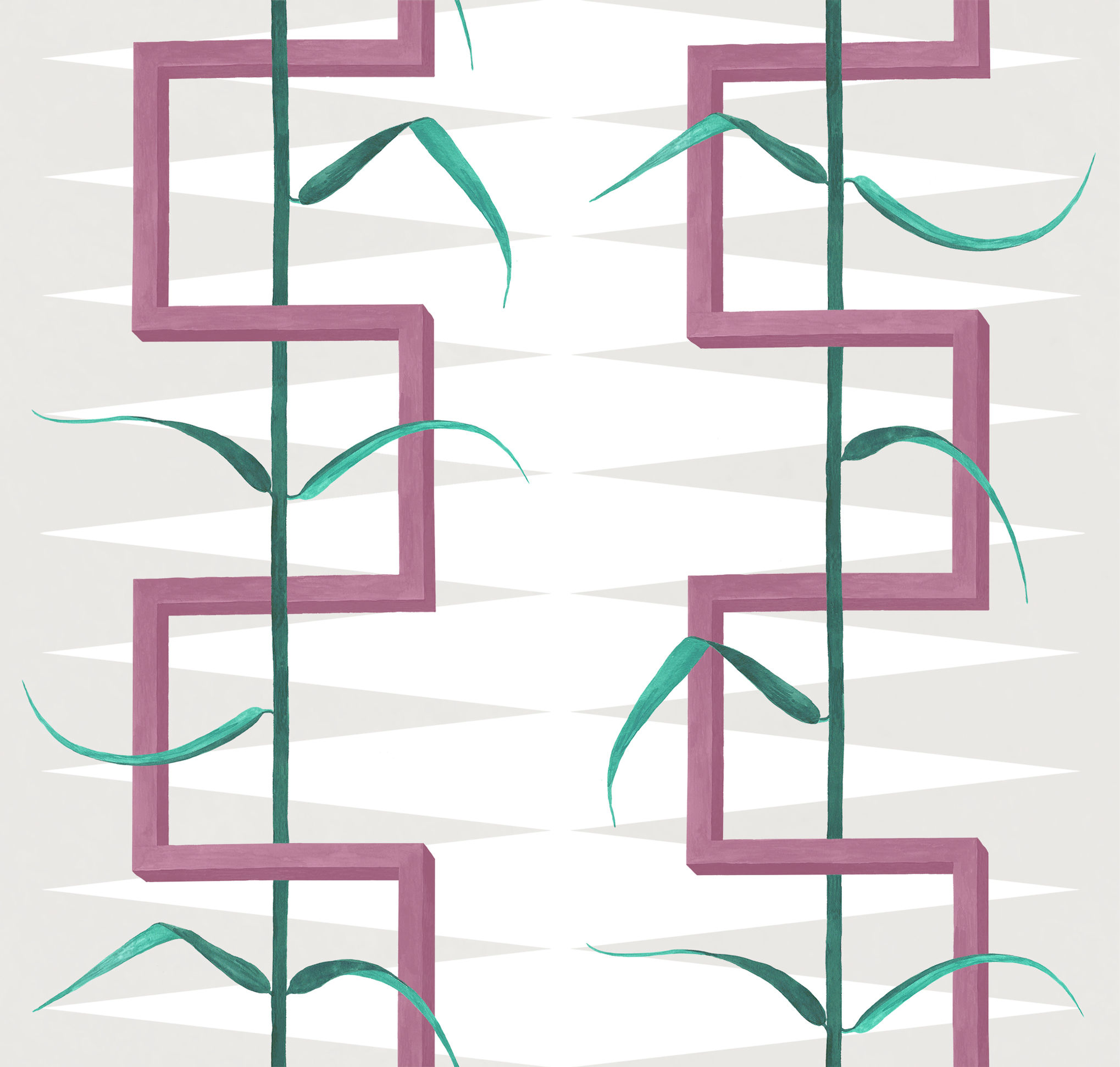 Geometric curtain fabric of pink and grey