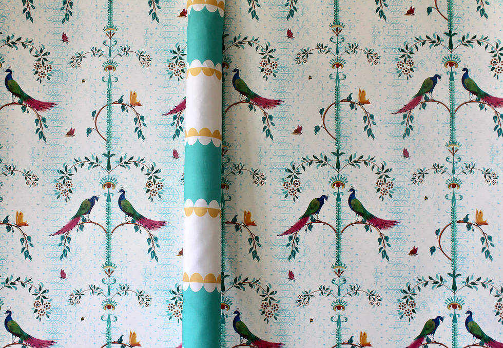 Thumbnail: Striped curtain fabric with yellow scallops