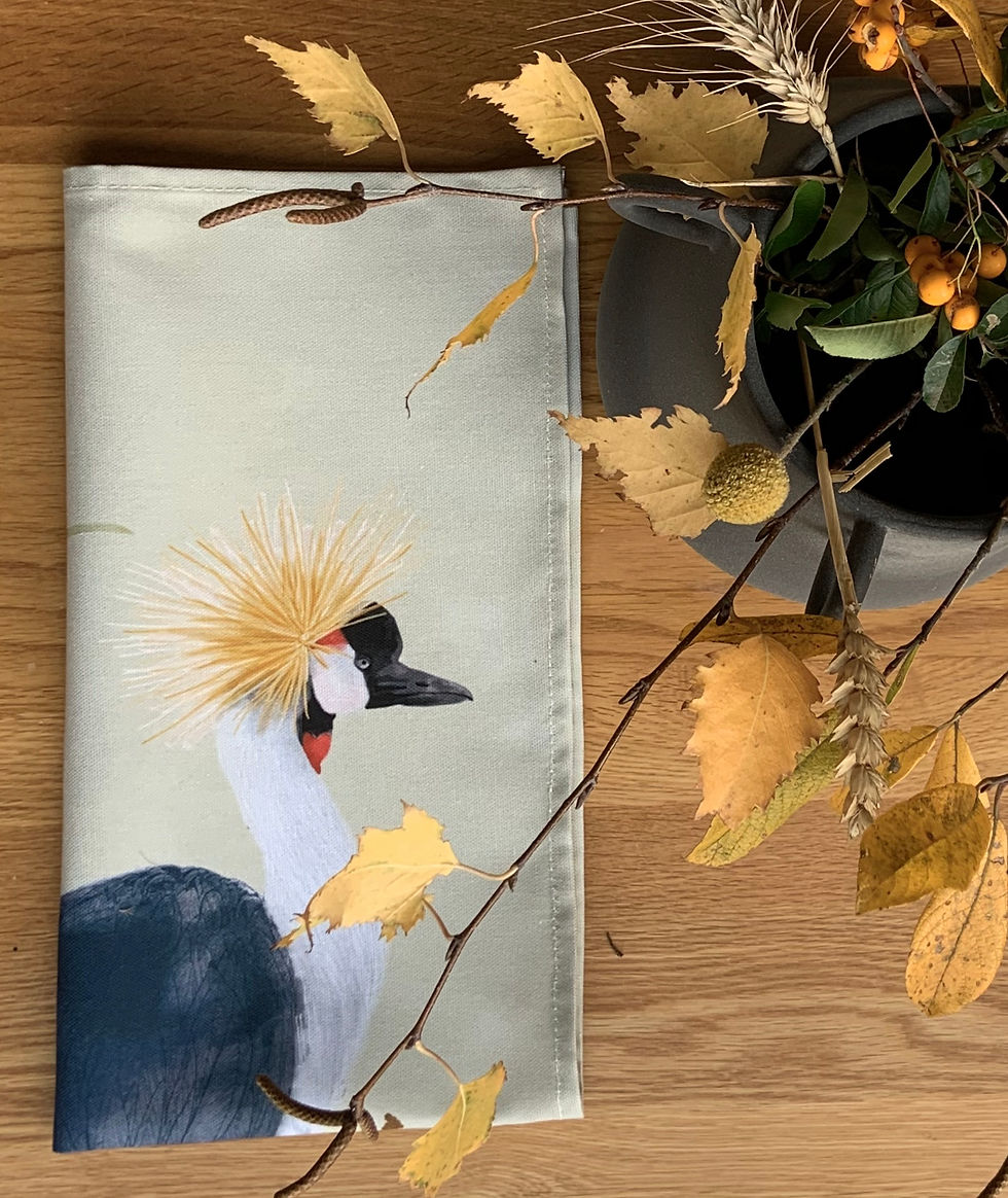 Beige tea towels of crested cranes 