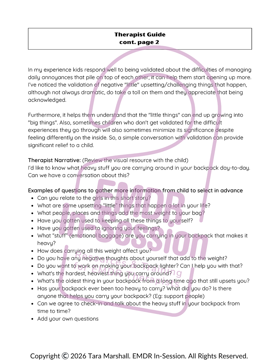 Thumbnail: EMDR Phase 2: Preparation Back Pack Attack/Managing Ongoing Distress (3pgs)