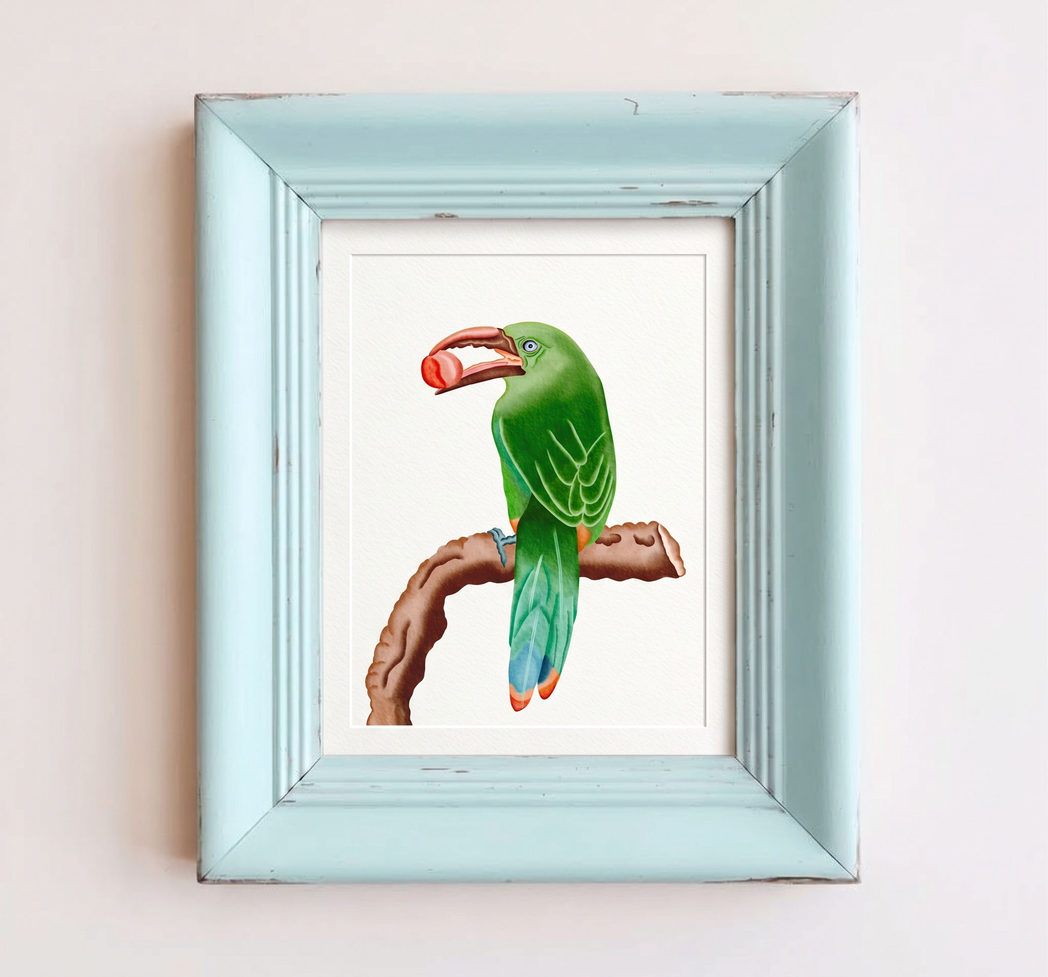 Tucanito Verde print in blue wooden frame