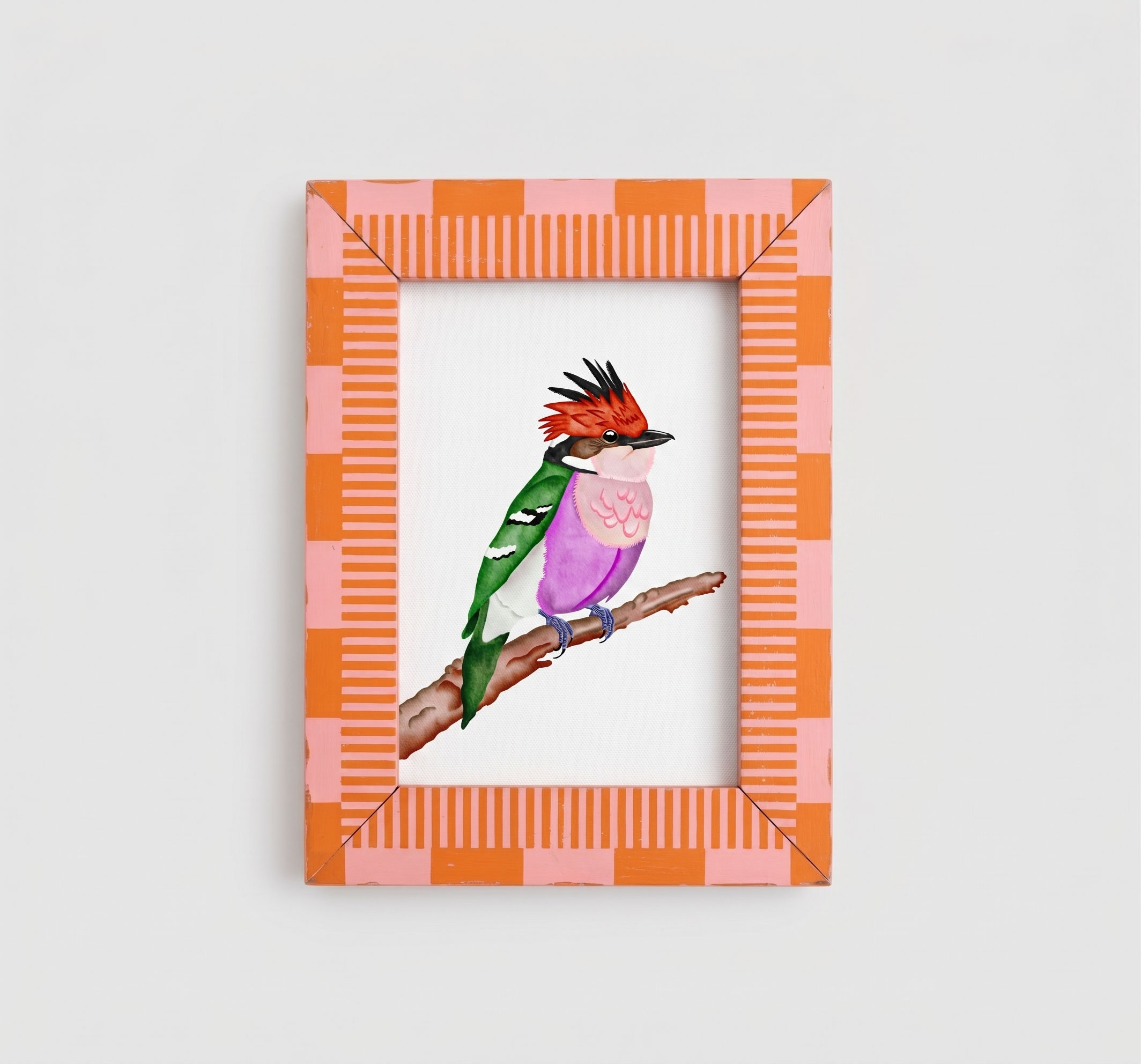 Motmot purple bird art print illustration in an orrange and pink frame