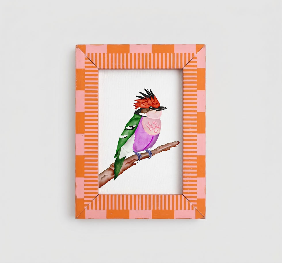 Motmot purple bird art print illustration in an orrange and pink frame