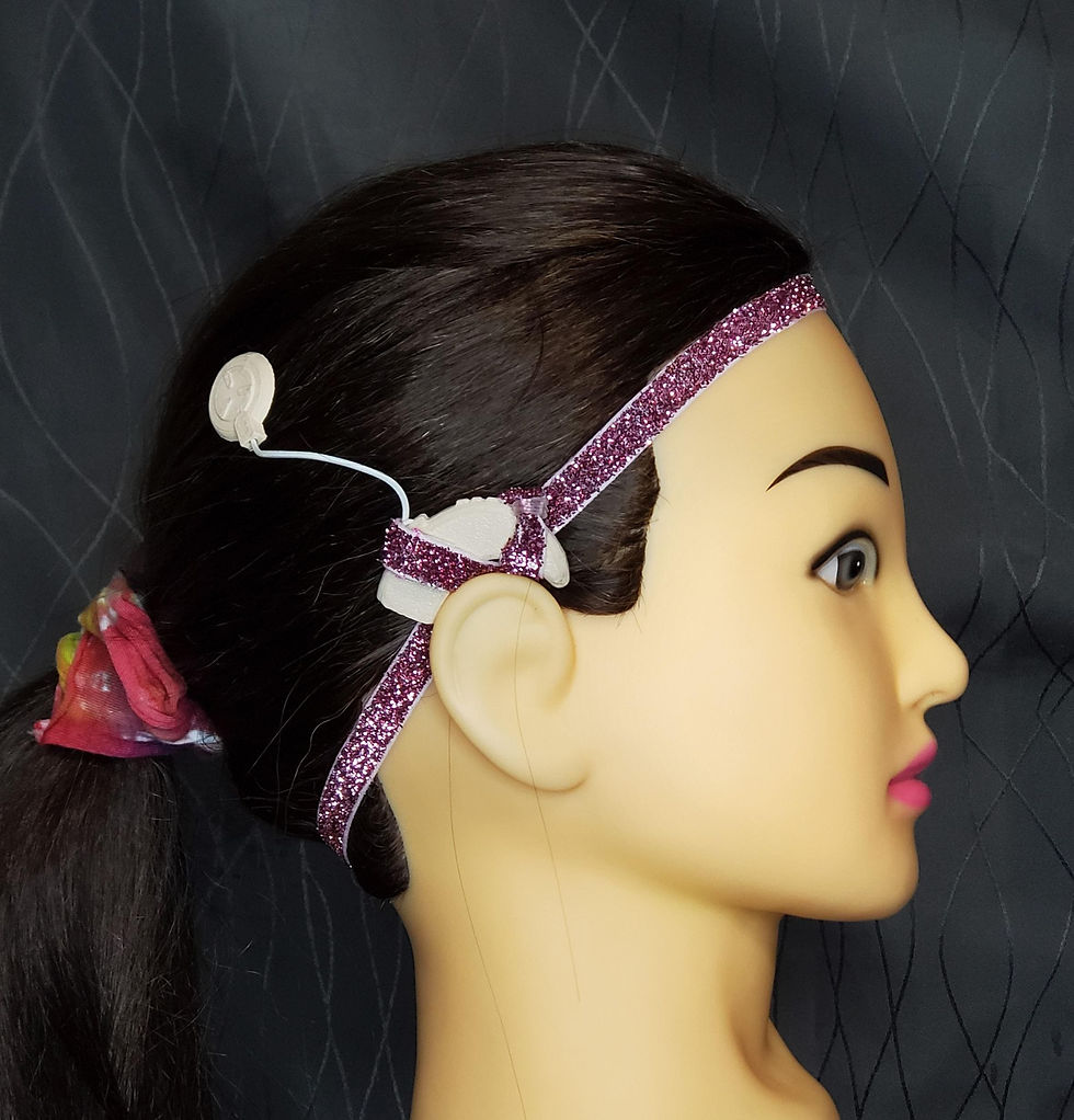 Thumbnail: Headband with Dark Grey cochlear implant headbands on mannequin head. Michela Design Canada