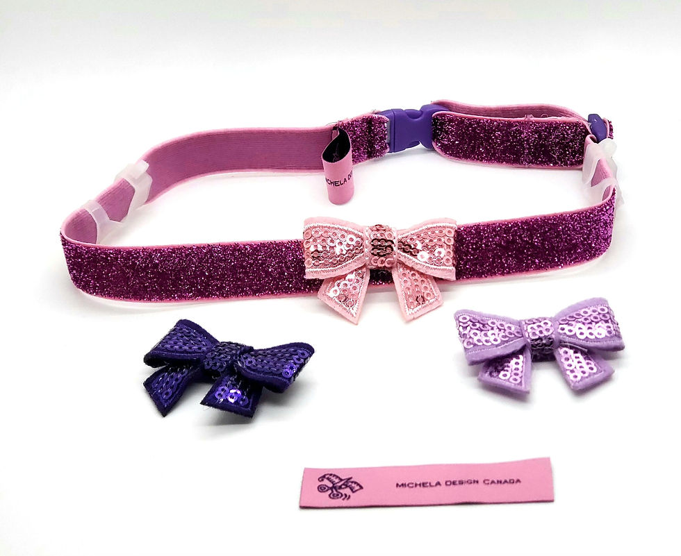 Purple sequin bow headband with matching bows and Michela Design Canada.