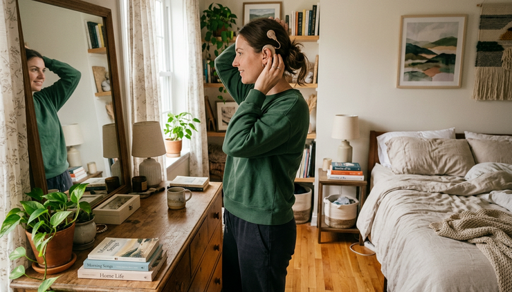 Wide-angle view of a person adjusting a cochlear implant processor while standing near a mirror at home.