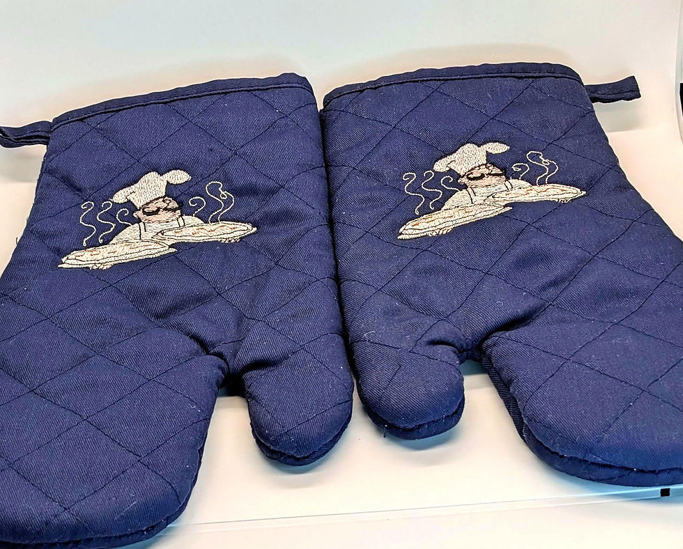 Thumbnail: Blue embroidered oven mitts with chef design