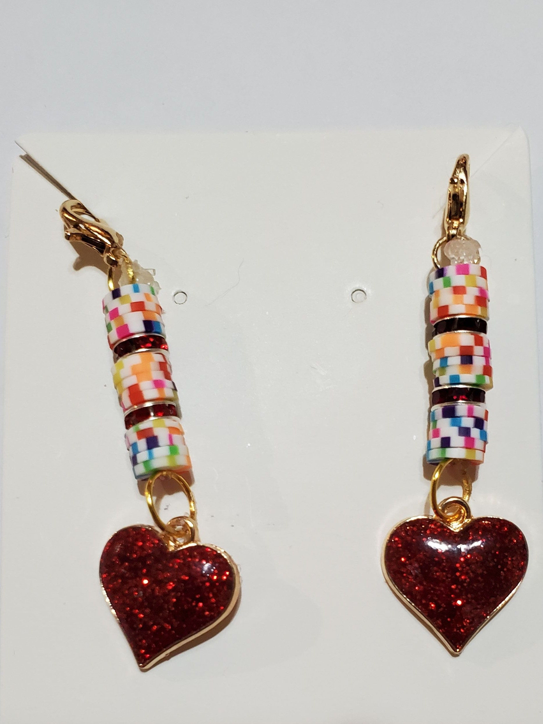 Gold earrings with red heart, colorful beads, Michela Design Canada.
