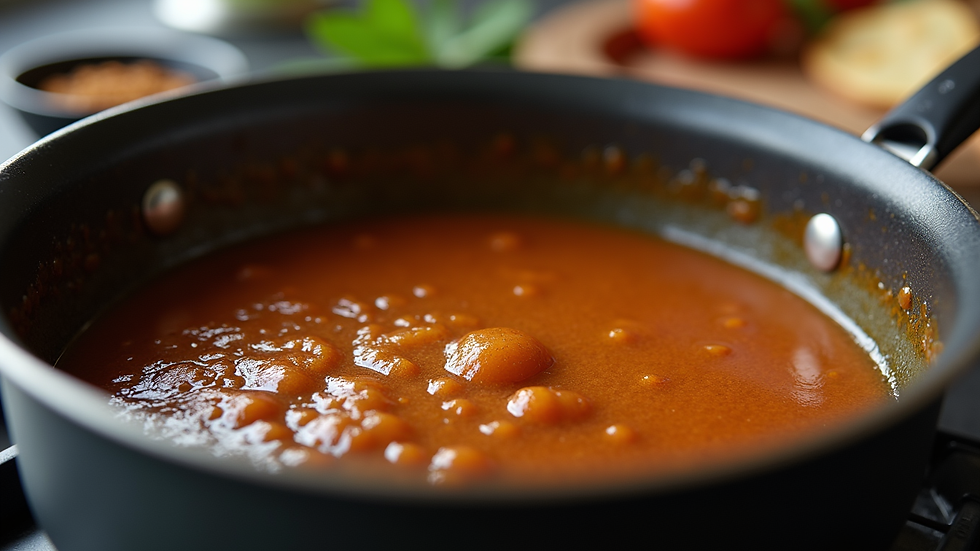 Eye-level view of a saucepan simmering a rich brown demi-glace sauce