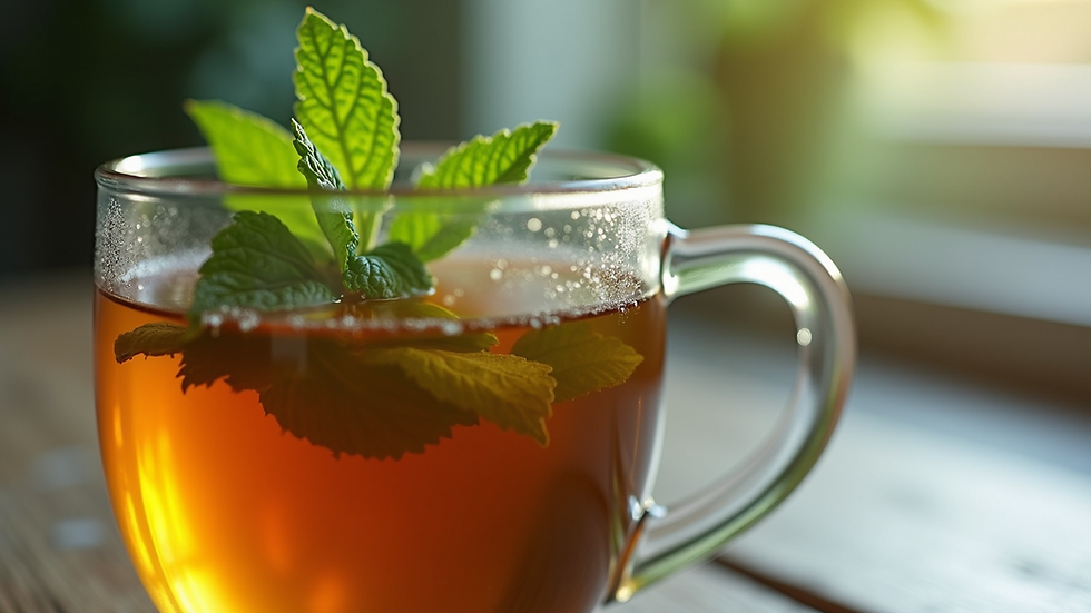 Close-up view of a glass of herbal tea with fresh mint leaves
