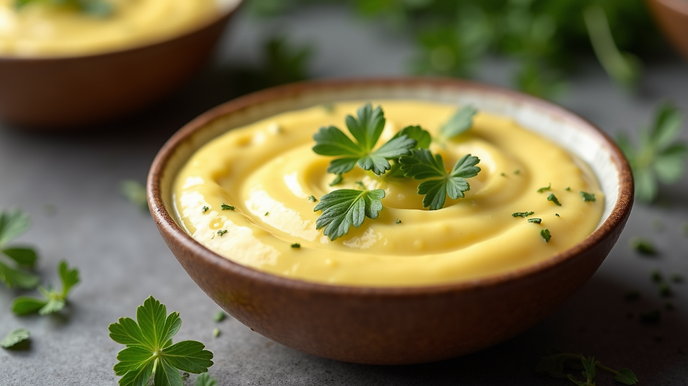 Close-up view of a bowl of Béarnaise sauce with fresh herbs