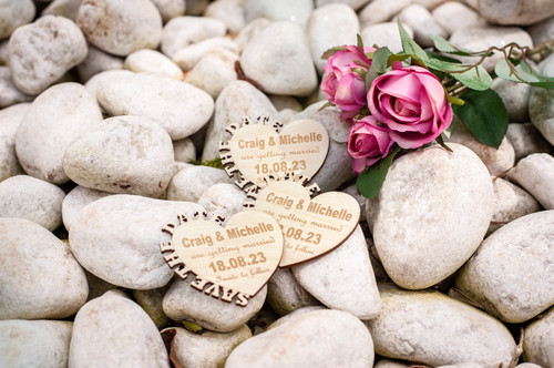 Personalized Wooden Save The Date Magnets – Laser Engraved Birch Hearts (Customizable)