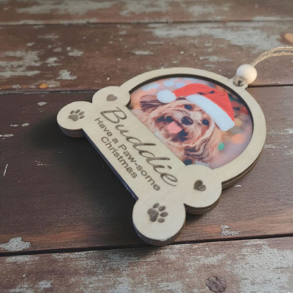 Thumbnail: Custom dog Christmas decoration placed on a rustic wooden table with festive pine.
