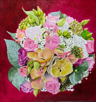 toile acrylique d'un bouquet de mariage avec rose et hortensias. Fond dégradé bordeaux et magenta.