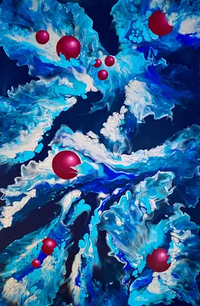 toile d'art abstrait réalisée à l'acrylique fluide. Entrelacements bleutés et perles magenta sur fond bleu de Prusse