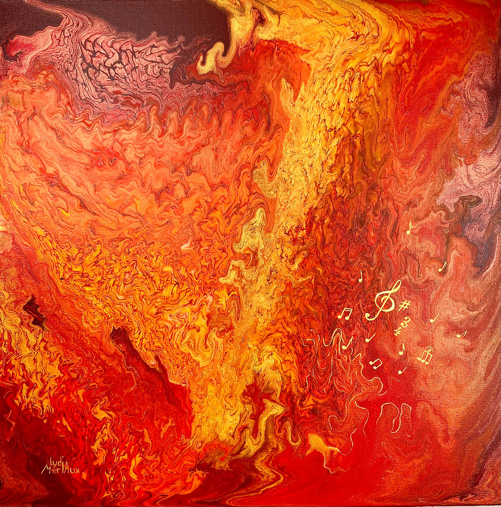 acrylique fluide tons orangés. Saxo symbolisé au centre. Quelques notes de musique à la feuille d'or