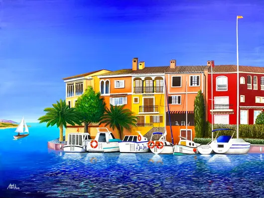 Marina de Port Saplaya, en Espagne peinte à l'acrylique. Façades multicolores et bateaux de plaisance.
