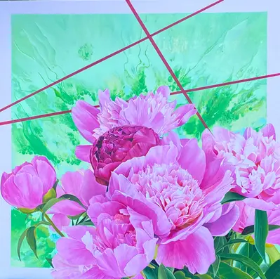 toile d'art réaliste réalisée à l'acrylique. Bouquet de pivoines roses et magenta sur fond vert à l'acrylique fluide.
