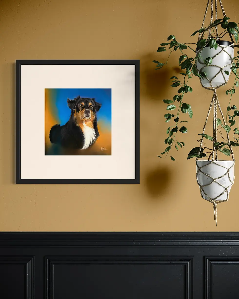 Portrait animalier de l'artiste peintre lydia meriaux, sur un mur