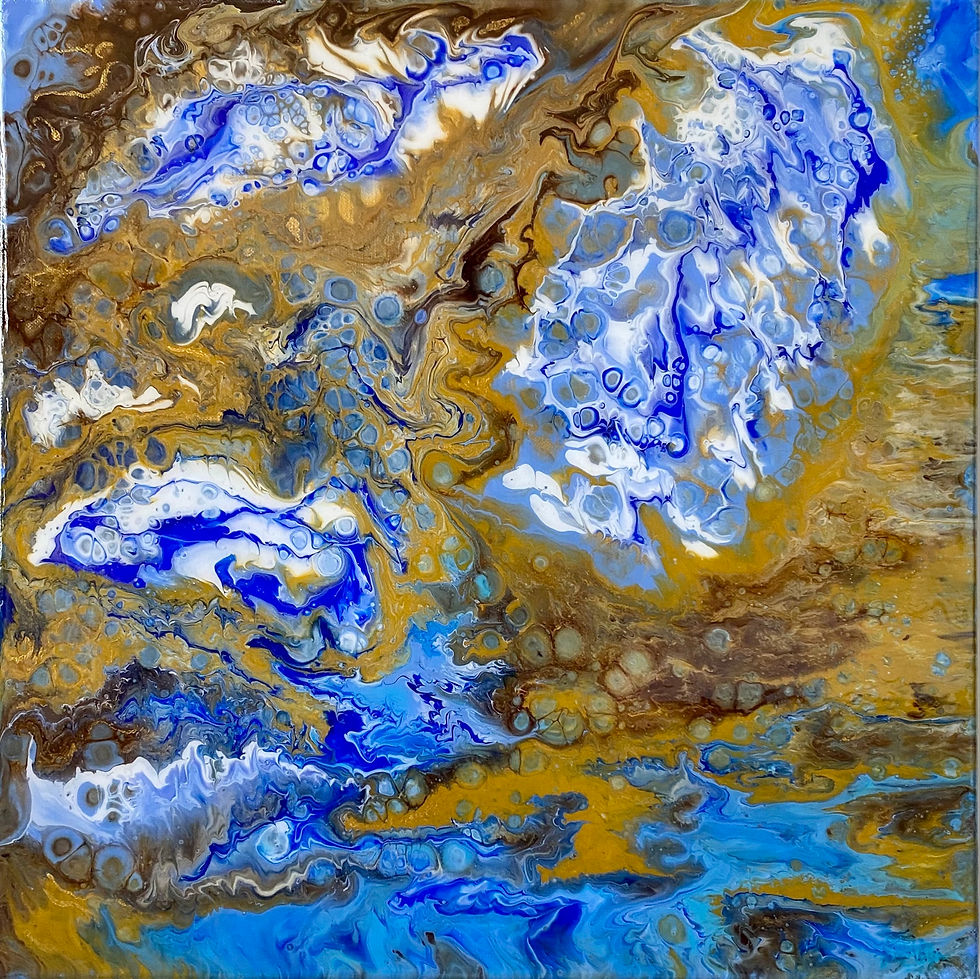 acrylique fluide symbolisant la terre et la mer. Un rivage marin. Tons de bleus et d'ocres.