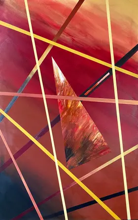 Toile d'art abstrait réalisée à l'acrylique. Lignes entrecroisées et triangle central sur fond dégradé noir à or.