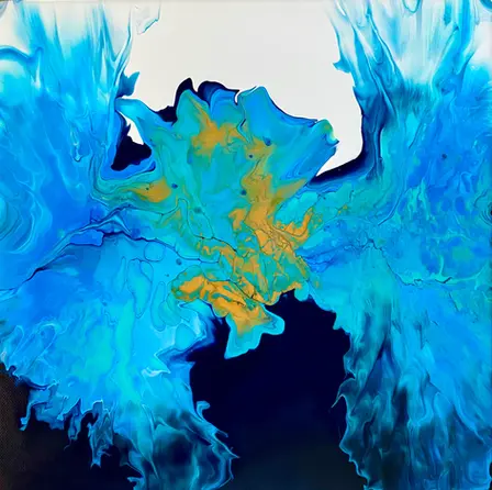 Toile d'art abstrait réalisée à l'acrylique fluide. Couleurs bleus blanc et or