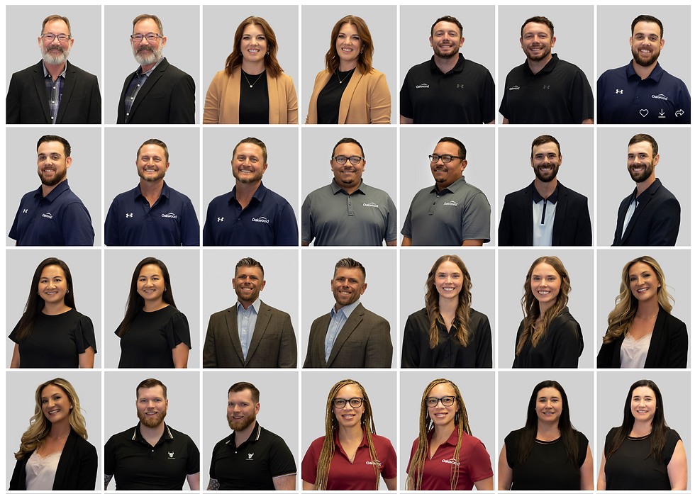 Grid of 24 people smiling, wearing business attire in varied colors. Neutral gray background.