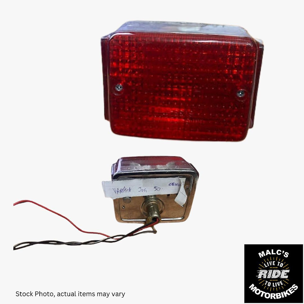Two motorcycle tail lights, with wires, and Malcsmotorbikespares logo on white background.