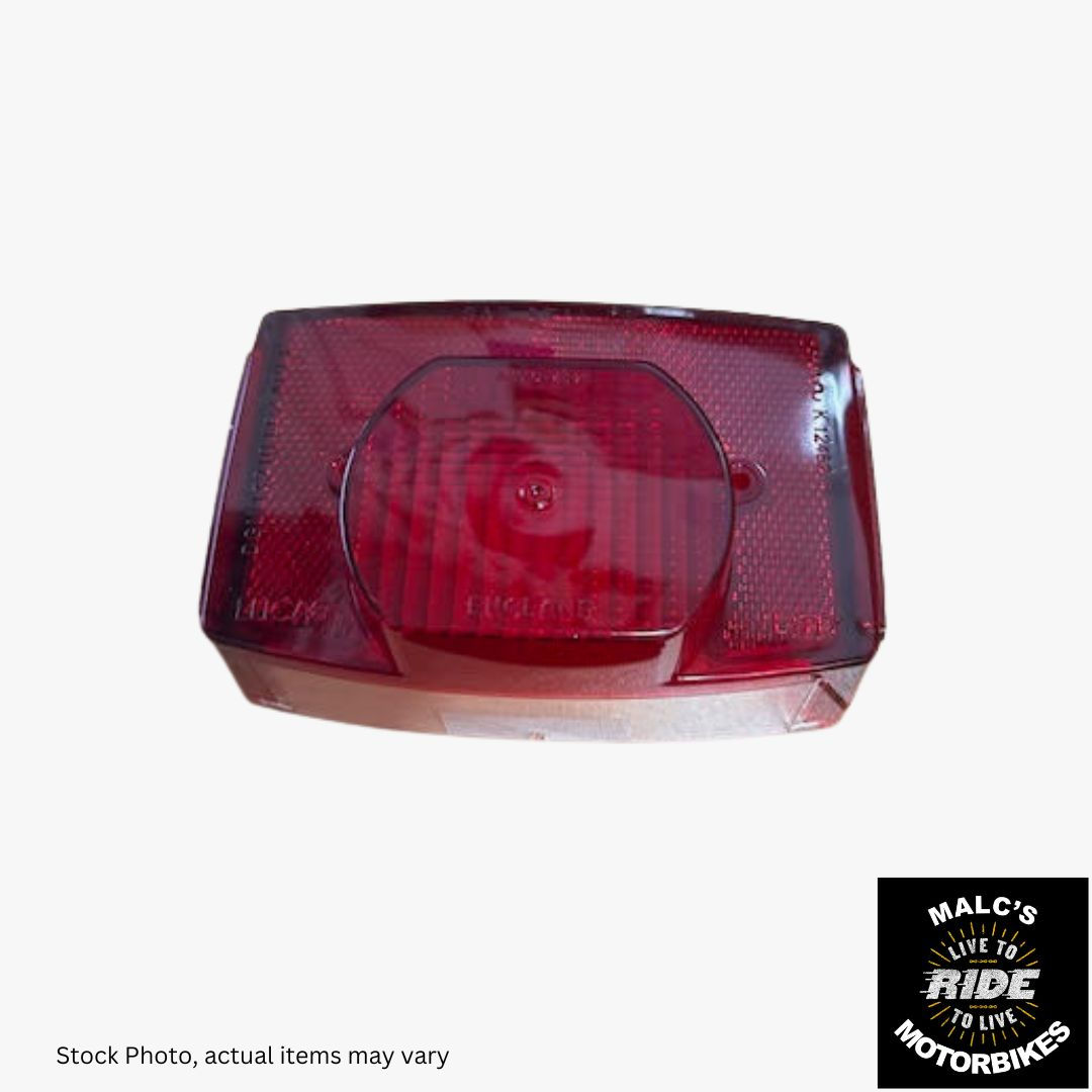 Red motorcycle light with ''MALC'S'' logo Malcsmotorbikespares ''RIDE'' text