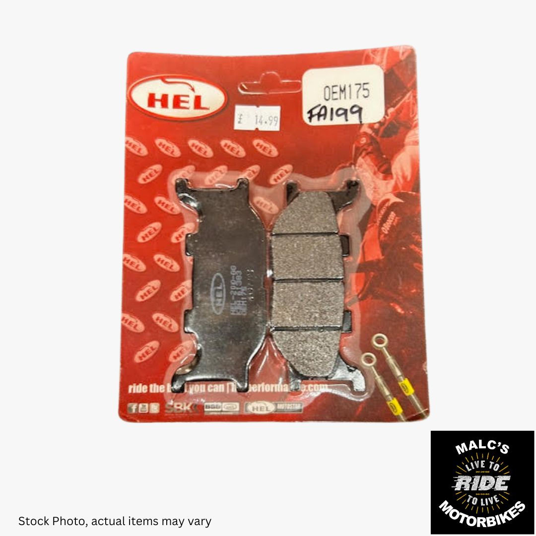 HEL brake pads on packaging with text 20x75 shown Motorcycle Brake Pads Malcsmotorbikespares