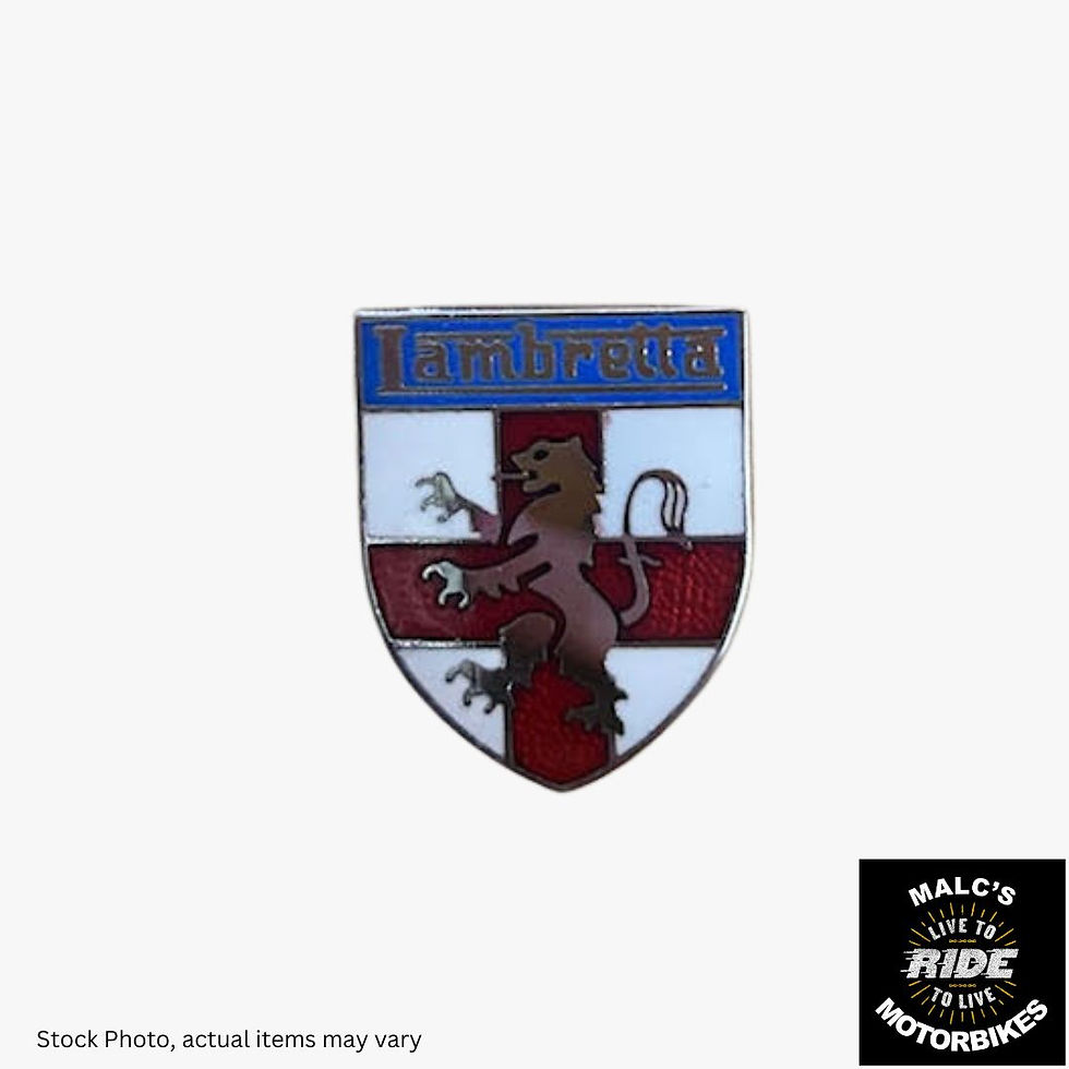 Lemans crest with lion emblem against a white background, Malcsmotorbikespares.