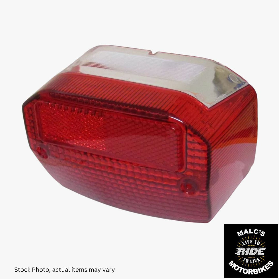 Red motorcycle tail light with clear section. Malc's Ride logo and text Malcsmotorbikespares.