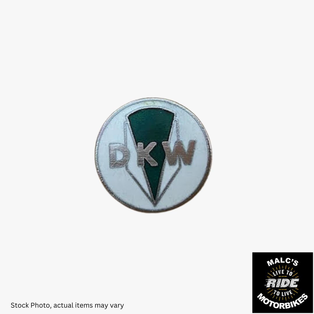 DKW logo on a silver and green background, Malcsmotorbikespares.