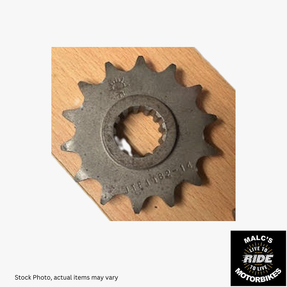 Motorcycle sprocket with visible text on wood background, Malcsmotorbikespares, ride with me.