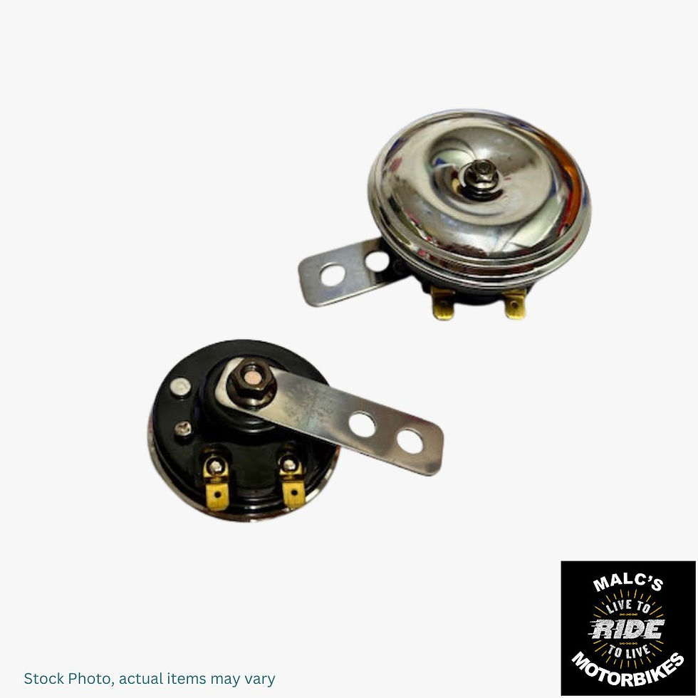 Chrome motorcycle horn isolated against a white background, Malcsmotorbikespares