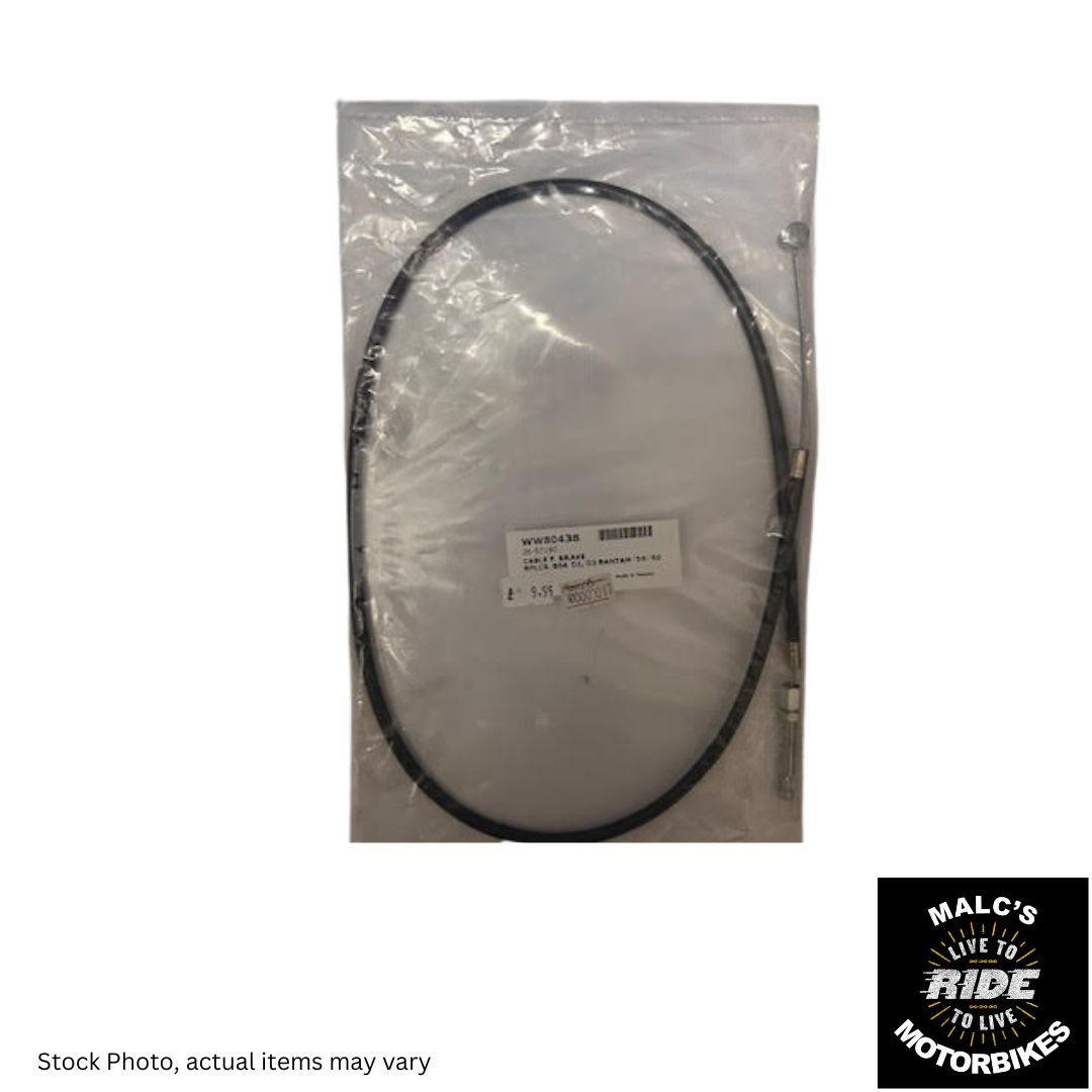 Motorcycle cable in the package with text, Malcsmotorbikespares, ready to ship.