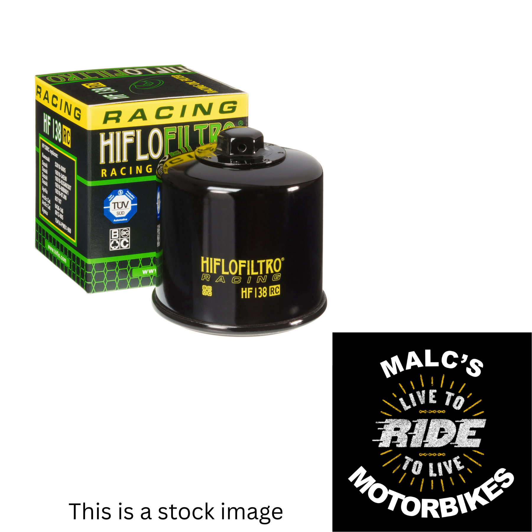 HiFlo Oil Filter with box, Racing logo, Malc's Live to Ride Motorbikes.